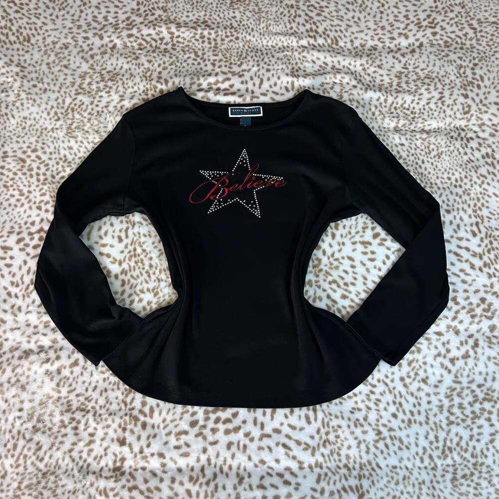 Karen Scott Believe Star Rhinestone Long Sleeve Shirt PL Black